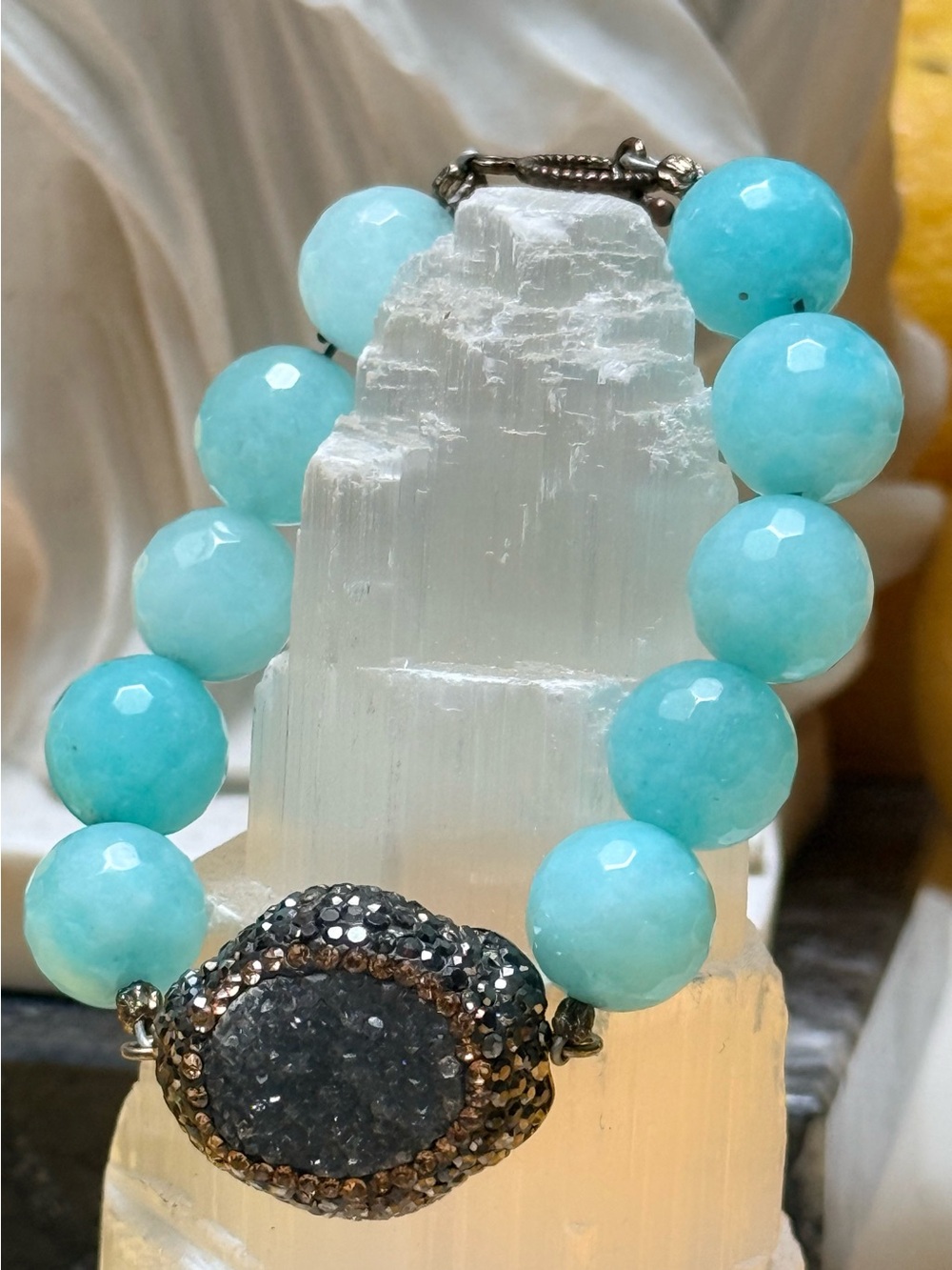 STUNNING Natural Amazonite & Druzy Quartz 925 Statement Bracelet